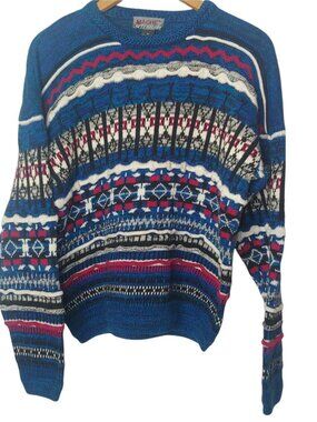 Vintage 1990s Mache Sweater Medium Pullover Textured 3D Knit Geometric Blue